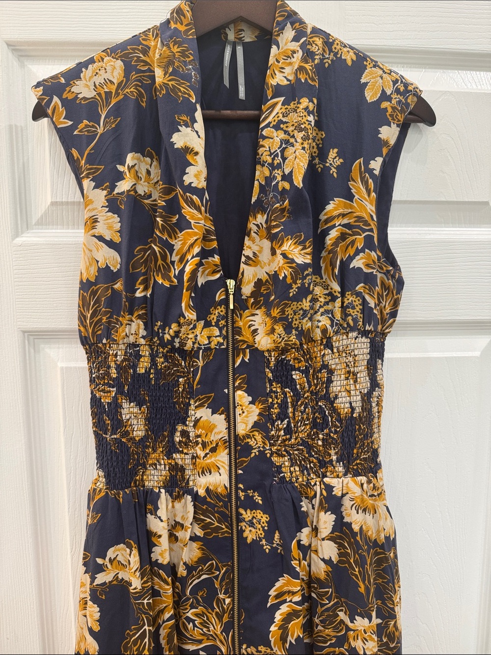 Anthropologie Navy and Gold Floral Zip-Front Midi Dress - Picture 3 of 3